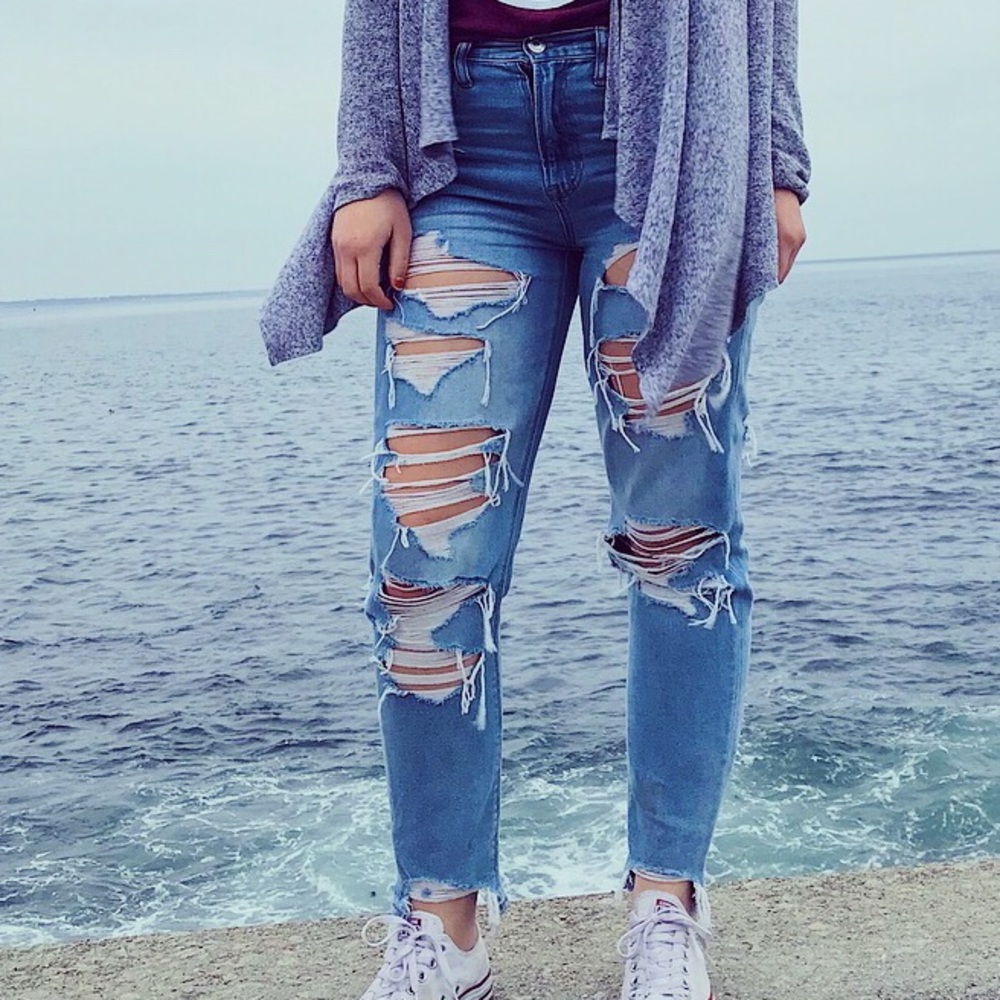 Light wash destroyed mom jeans